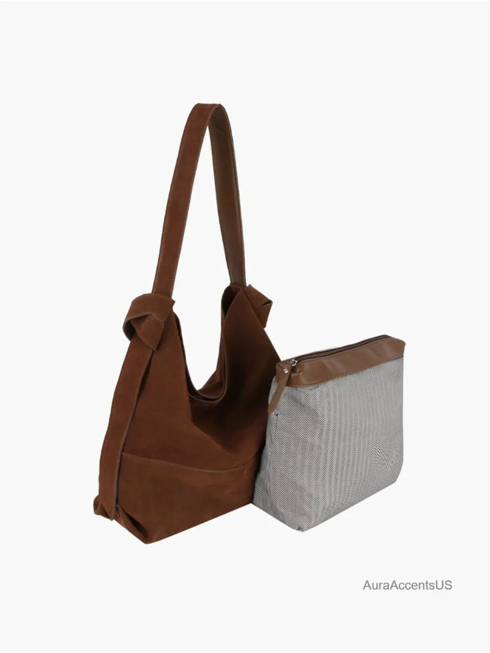 Genuine Suede Hobo Handbag Tote 2-in-1 Detachable Pouch